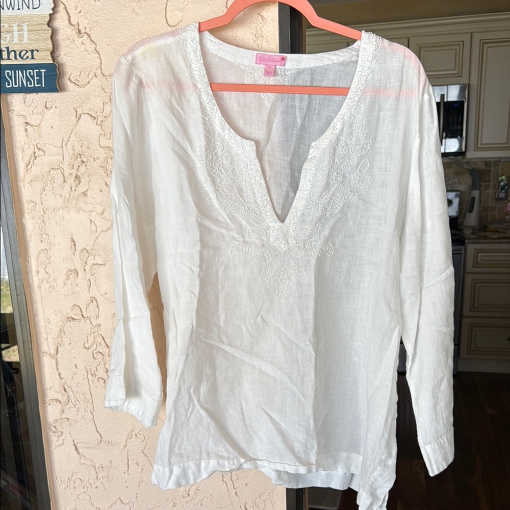 Lilly Pulitzer 100% Linen white 3/4 Sleeve Relaxed Tunic